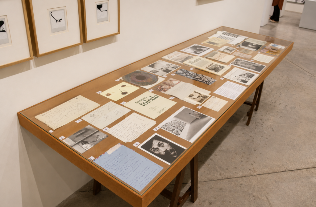 Vitrina con fotografías, cartas y publicaciones sobre Francisco Toledo y Jan Hendrix en la exposición de la GAM.