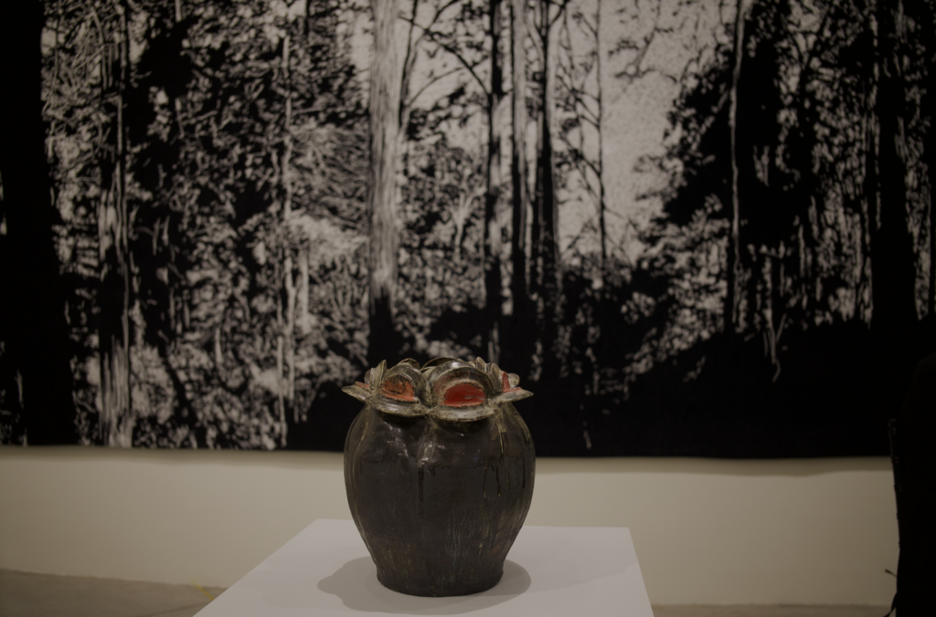 Cerámica de Francisco Toledo frente al tapiz Bundanon II de Jan Hendrix en la exposición de la GAM.
