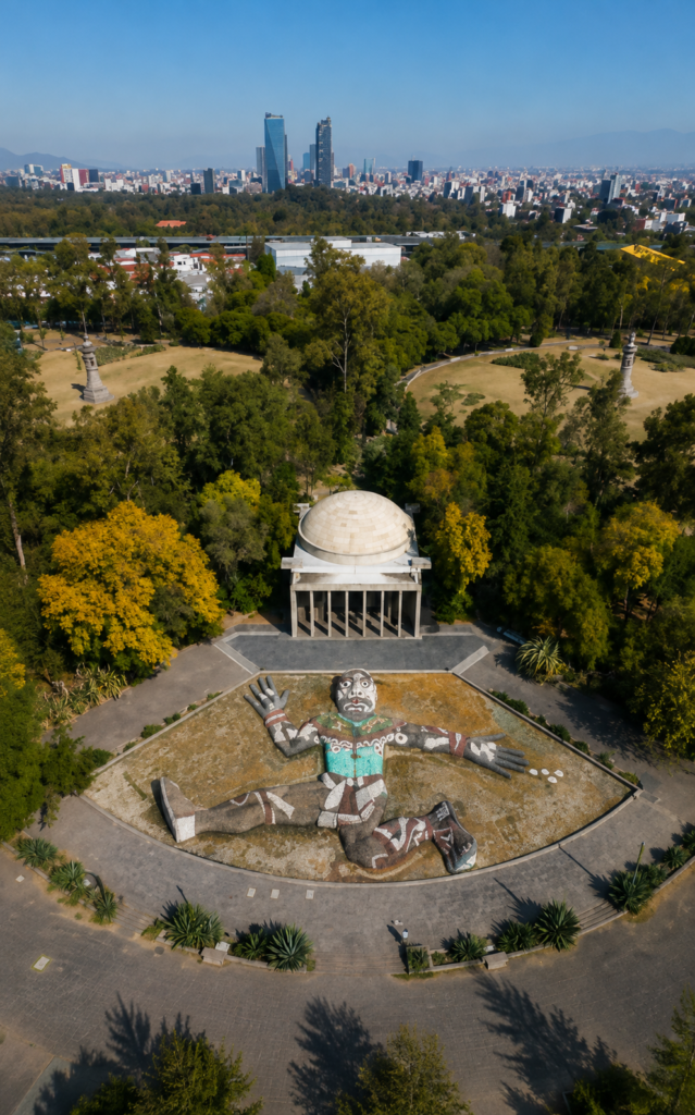 Vista aérea de la Fuente de Tláloc y el Cárcamo de Dolores en el Bosque de Chapultepec, México, mostrando la colosal escultura del dios mexica del agua hecha de mosaicos de colores frente a un edificio de estilo funcionalista.