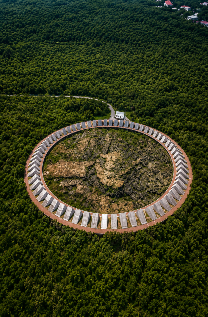 Vista aérea del Espacio Escultórico de la UNAM en Ciudad de México, mostrando el colosal anillo concéntrico de bloques de concreto que rodea un mar de lava volcánica petrificada en medio de una densa reserva ecológica.