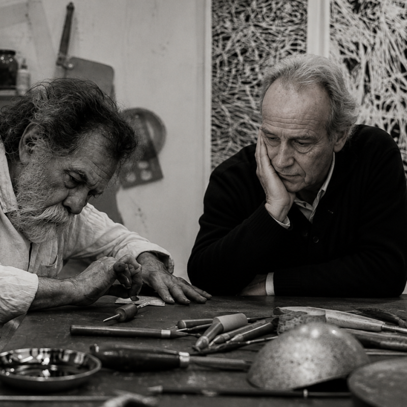 Fotografía en blanco y negro del artista mexicano Francisco Toledo trabajando en un grabado en su taller junto al artista neerlandés Jan Hendrix.