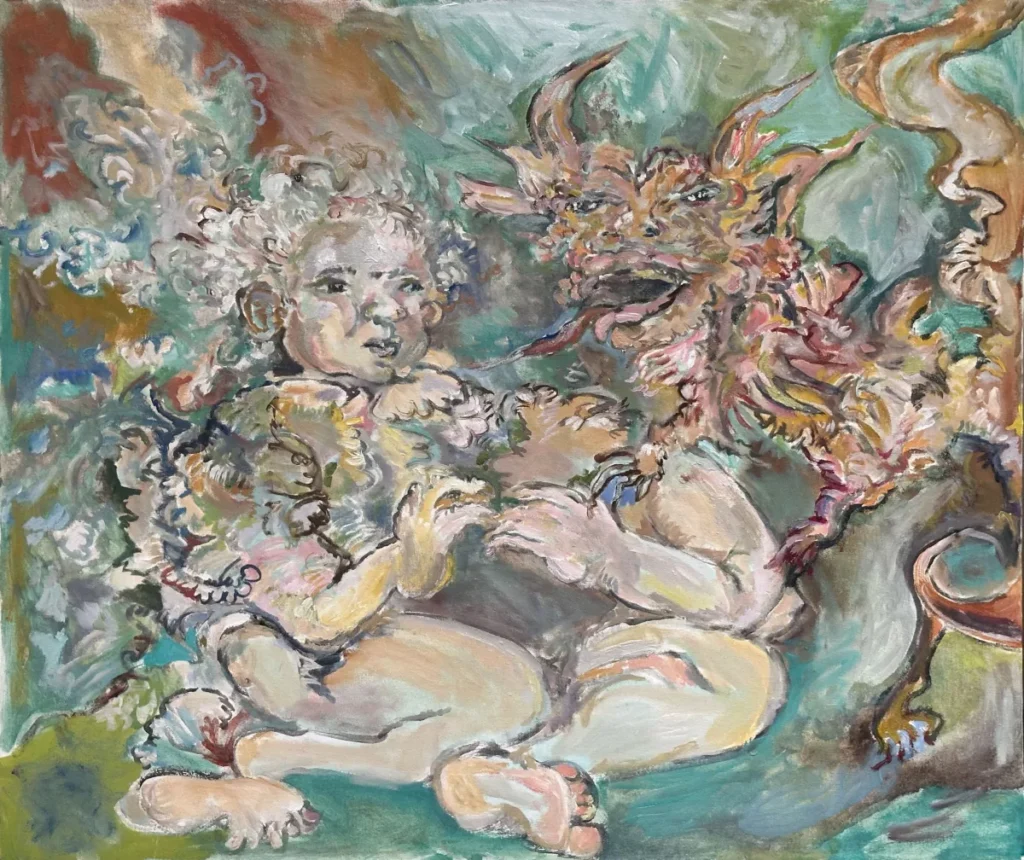 Pintura al óleo de estilo mitológico y fantástico creada por el artista mexicano Francisco Toledo, representando a un niño junto a una criatura o dragón mitológico en tonos verdes y ocres.