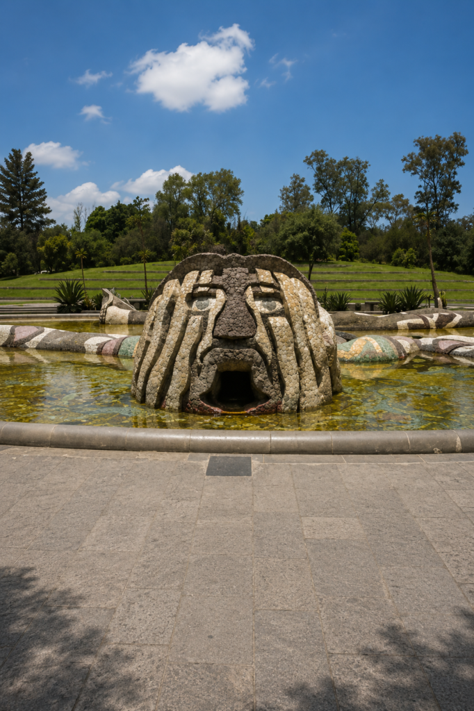 Primer plano aéreo de la Fuente de Tláloc de Diego Rivera en el Bosque de Chapultepec, una colosal escultura de arquitectura orgánica en relieve que representa al dios mexica de la lluvia con dos rostros, rodeado de un gran estanque de agua.