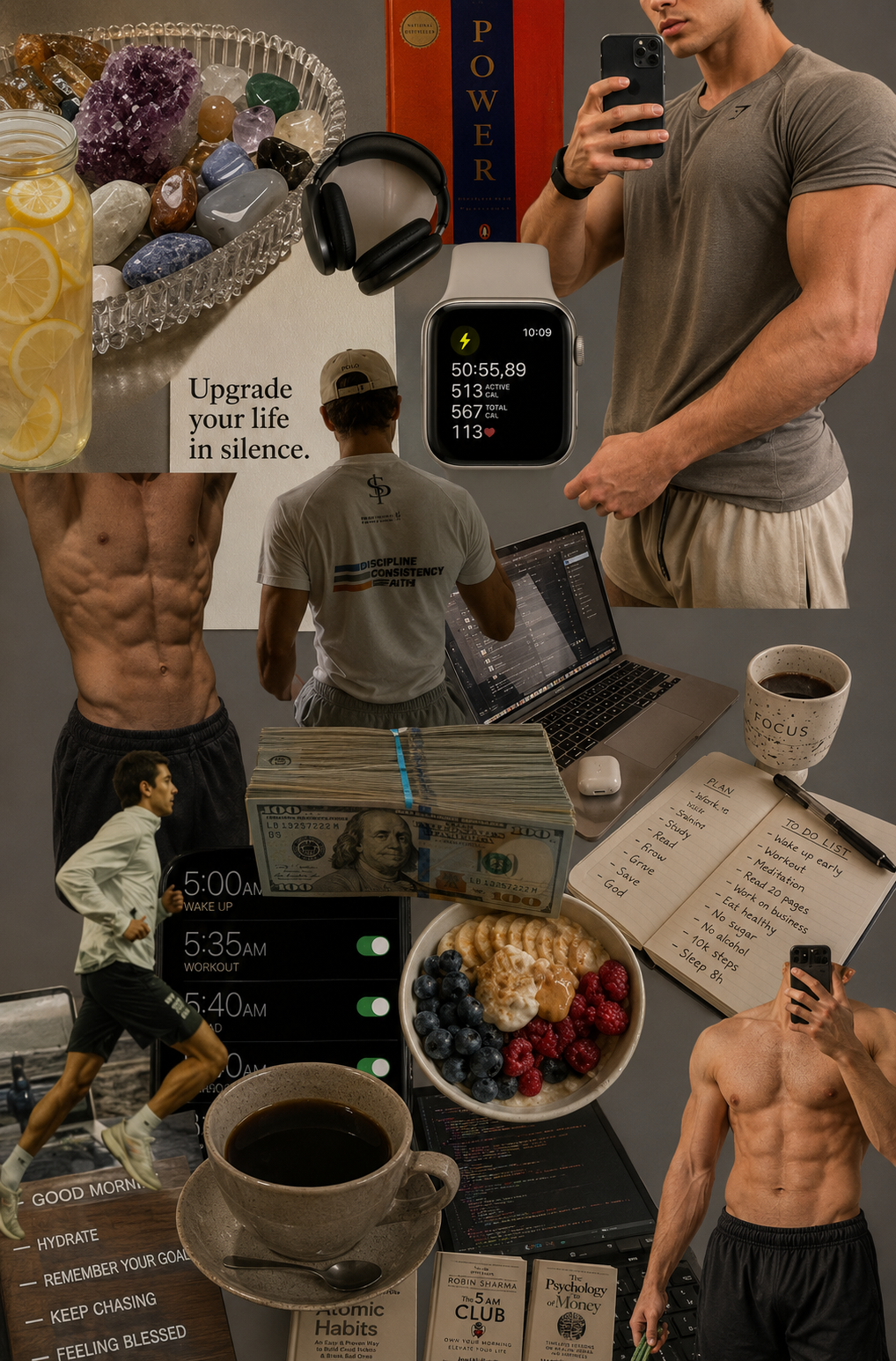 Un collage digital de estética "hustle culture" centrado en la productividad extrema y el fitness. Incluye un hombre atlético tomándose una foto frente al espejo, fajos de billetes de cien dólares, alarmas programadas a las 5:00 AM, un plato de avena con frutos rojos, una taza de café negro, un reloj inteligente registrando calorías, pantallas con gráficos financieros de trading y portadas de libros de desarrollo personal como Hábitos Atómicos y El Club de las 5 AM.