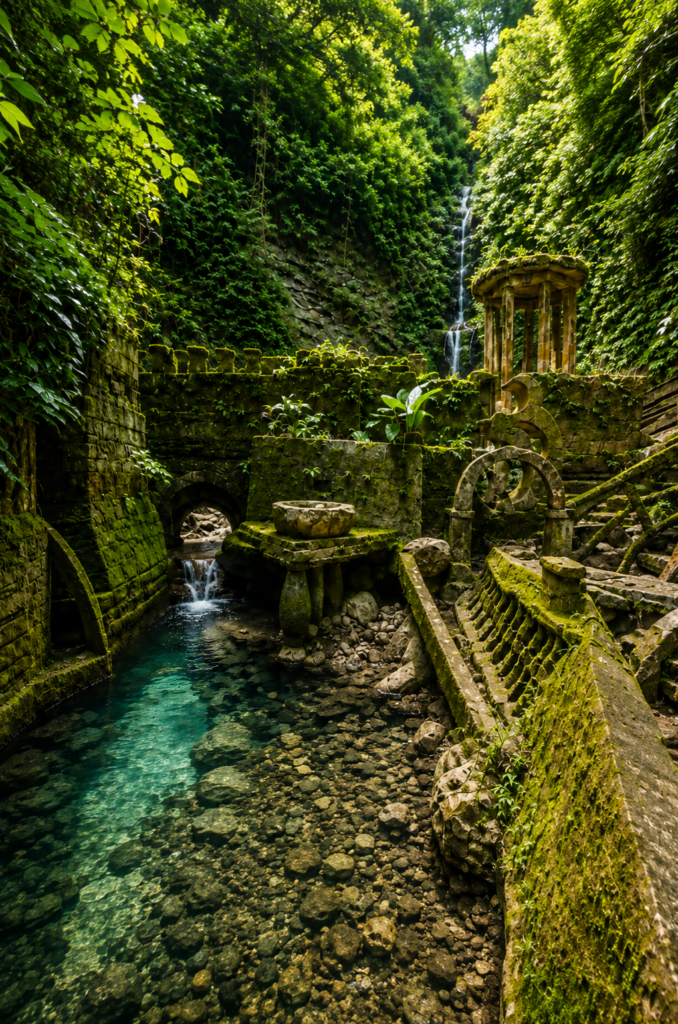 Estructuras de concreto cubiertas de musgo y pasajes laberínticos junto a un río cristalino con una cascada al fondo en el Jardín Escultórico Edward James, Las Pozas, en Xilitla, San Luis Potosí, México.