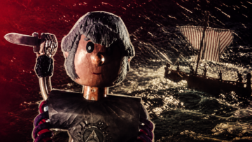 La Odisea de los muñecos: una pionera del stop motion en México Marioneta de madera de Ulises empuñando una daga en la película animada mexicana en stop motion La Odisea de los Muñecos de 1975, con un barco navegando un mar tormentoso de fondo.