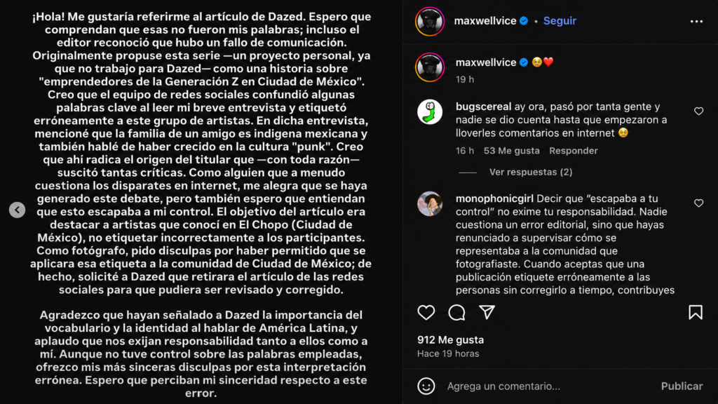 Captura de pantalla de la publicación de Instagram del fotógrafo Maxwell Vice disculpándose por la polémica del artículo de la revista Dazed. A la izquierda se lee su comunicado en español deslindándose del titular sobre los punks indígenas y a la derecha comentarios de usuarios criticando su postura.