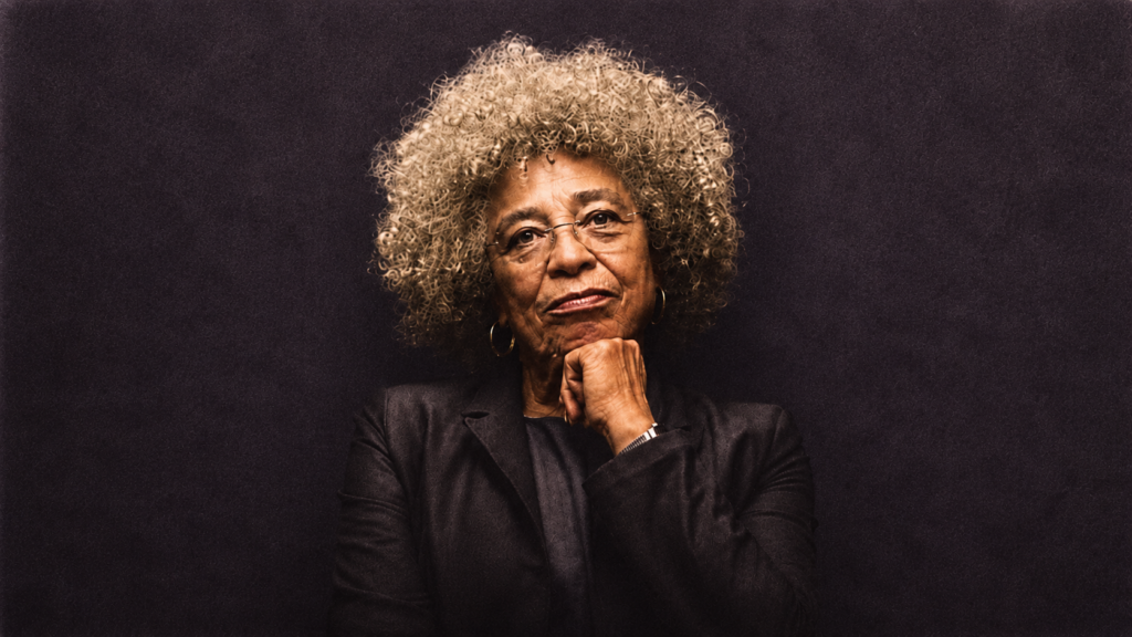 Retrato en primer plano de la filósofa, escritora y activista política afroestadounidense Angela Davis apoyando el mentón sobre su puño cerrado, con un fondo oscuro de estudio.