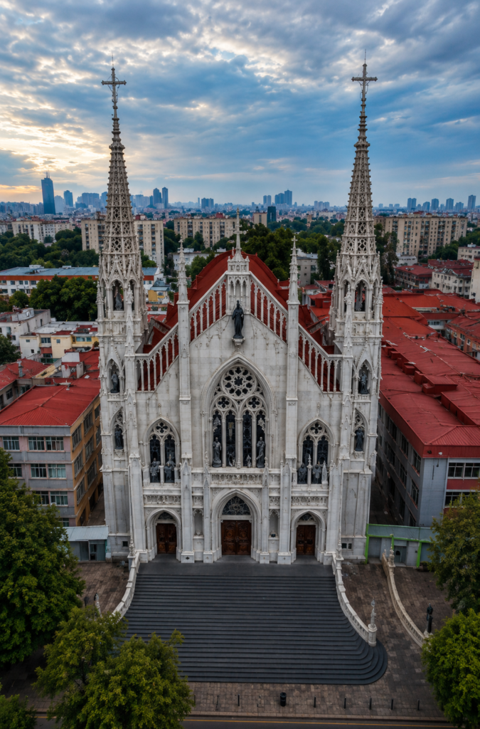 Vista aérea con dron de la fachada blanca de estilo neogótico del Santuario Nacional de María Auxiliadora en la colonia Anáhuac, Ciudad de México, destacando sus dos altas torres caladas, arcos ojivales y rosetón central bajo un cielo nublado al atardecer.(Nota SEO: Debe ser descriptivo, directo y libre de frases redundantes como "imagen de". Incluye de forma natural palabras clave esenciales como "arquitectura neogótica" y "Ciudad de México").