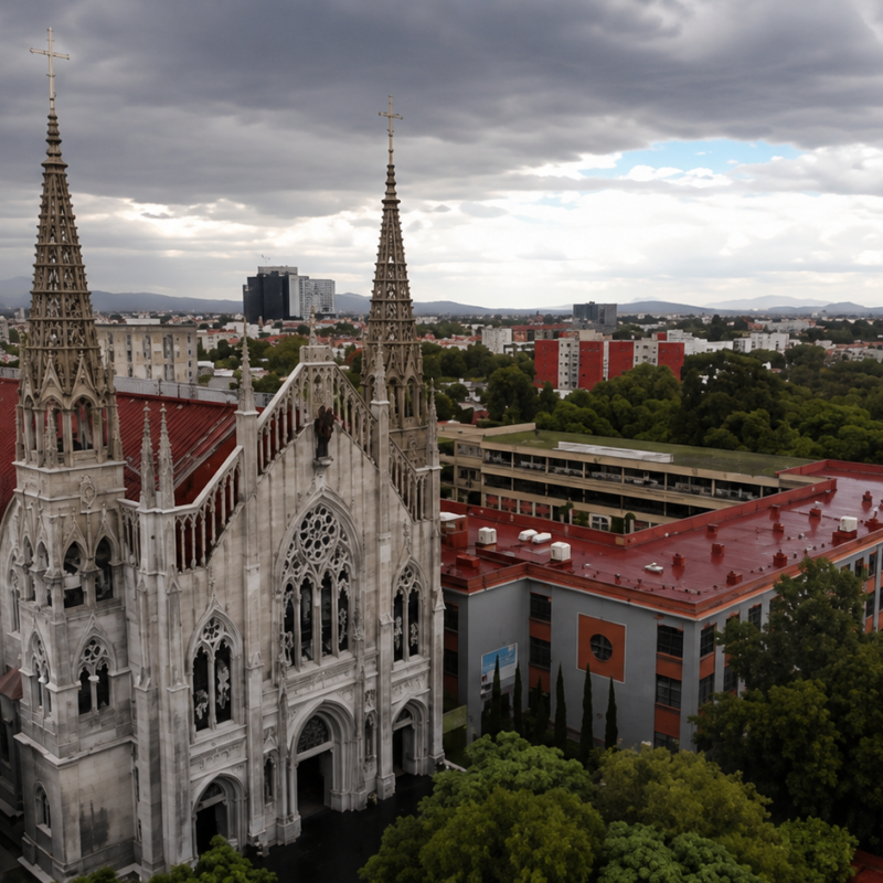 Vista aérea con dron del Santuario Nacional de María Auxiliadora en CDMX, destacando sus dos altas torres caladas, fachada de cantera gris y techos rojos de estilo neogótico italiano.