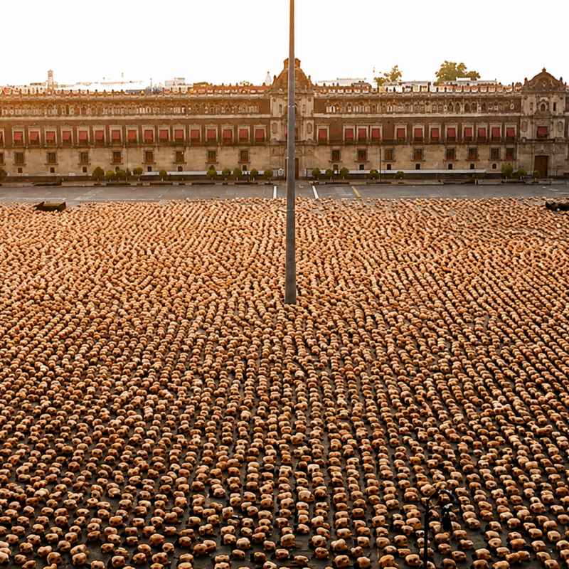 Fotografía aérea masiva de miles de personas desnudas acostadas en la Plaza de la Constitución o Zócalo de la Ciudad de México, instalación artística de Spencer Tunick frente al Palacio Nacional al amanecer.