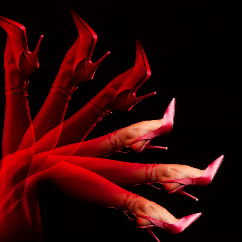Composición artística con efecto estroboscópico que muestra múltiples piernas con medias rojas y zapatos destalonados de tacón aguja color rosa satinado y punta afilada sobre un fondo negro.