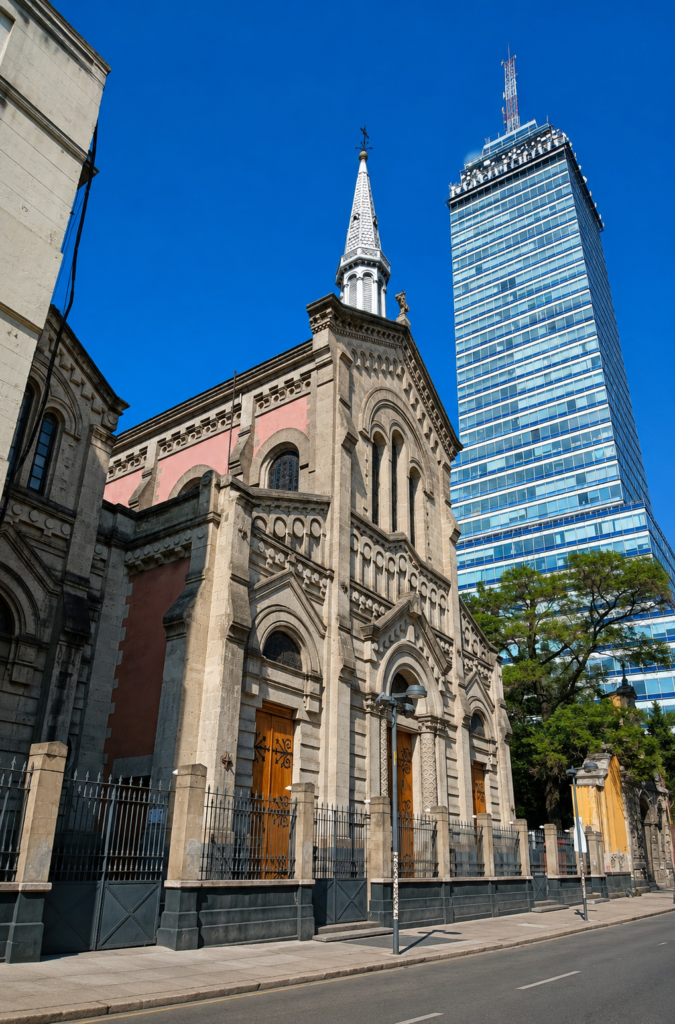 Fachada neorrománica y neogótica del Templo de San Felipe de Jesús en Ciudad de México con la Torre Latinoamericana al fondo bajo un cielo despejado.