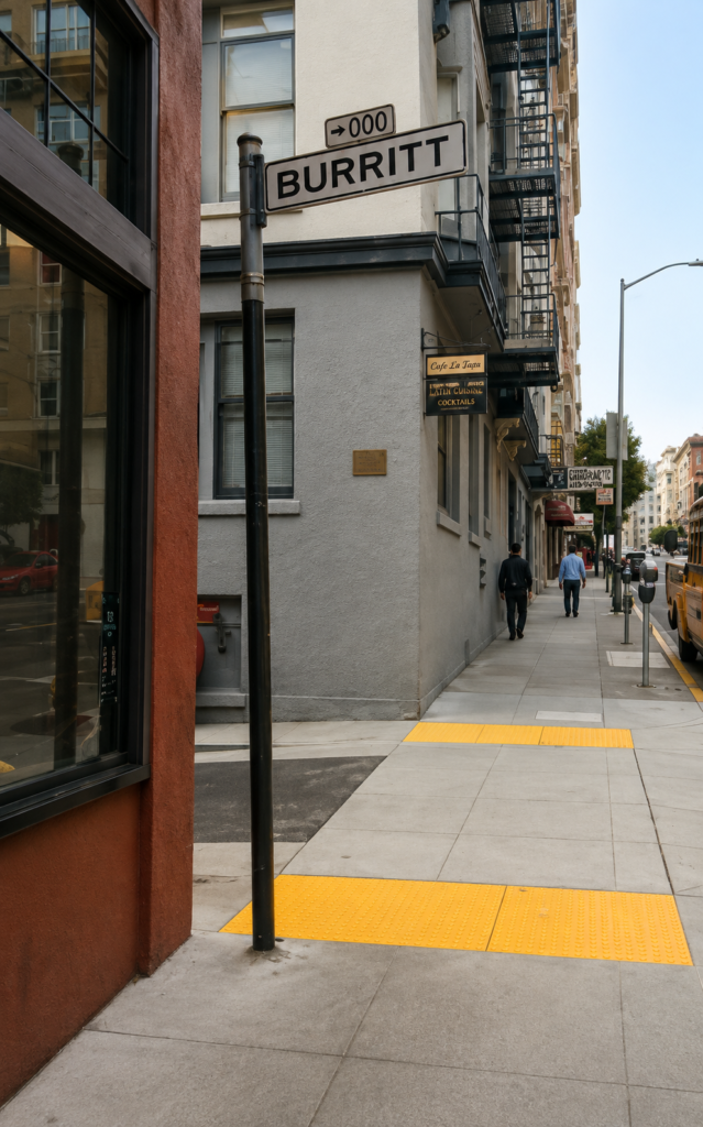 Letrero urbano de metal que indica la entrada a Burritt Street (Burritt Alley) en una esquina de San Francisco, California, con la placa conmemorativa del asesinato ficticio de Miles Archer visible al fondo sobre una pared gris de Nob Hill.