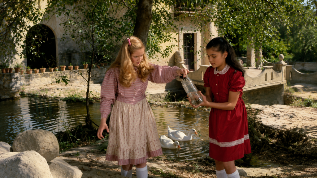 Fotograma de la película mexicana de terror Veneno para las hadas con las niñas Verónica y Flavia junto a un estanque capturando un sapo en un frasco, para el artículo del evento musicalizado en vivo en Casa del Lago UNAM, México.