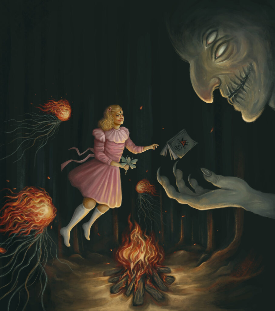 Acuarela digital inspirada en la película Veneno para las hadas creada por el ilustrador mexicano mucil4go, que muestra a una niña levitando con vestido rosa frente a una bruja en el bosque, para el artículo del evento musicalizado en Casa del Lago UNAM, México.