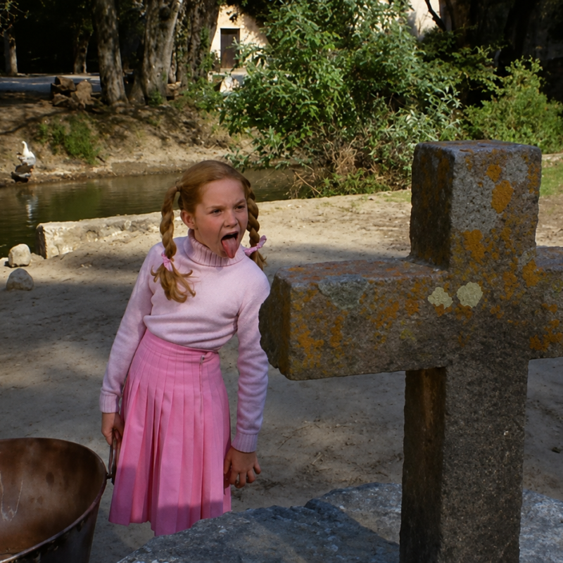 Fotograma a color de la película mexicana Veneno para las hadas donde la niña Verónica (Ana Patricia Rojo) burla una cruz de piedra junto a un caldero de cobre, promocionando la proyección gratuita musicalizada en vivo en Casa del Lago UNAM, Ciudad de México.