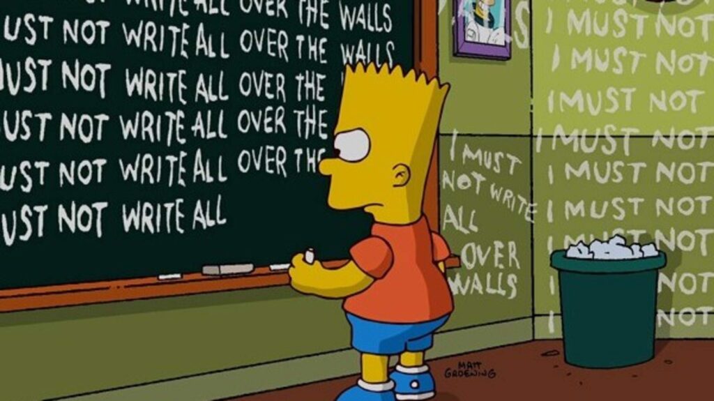Bart Simpson writes “I must not write all over the walls” across the classroom in Banksy’s opening sequence for MoneyBart.