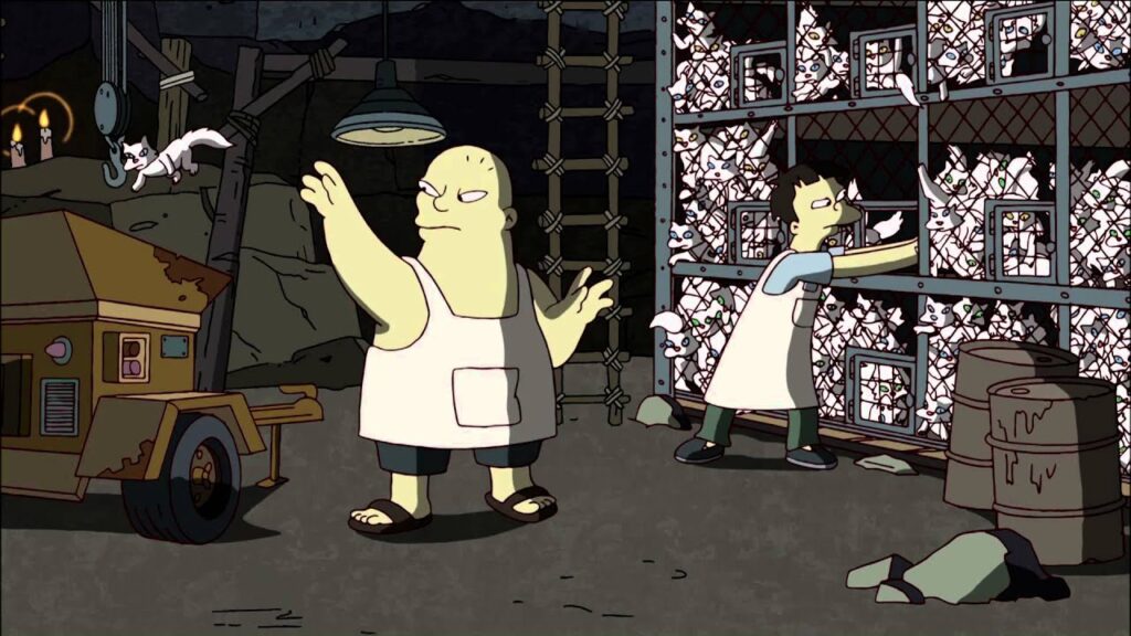 rabajadores rodeados de gatos enjaulados en el oscuro gag de Los Simpson creado por Banksy para MoneyBart.