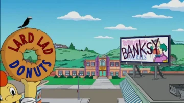Banksy y Los Simpson: la historia de la polémica intro que Fox modificó antes de transmitirla Lard Lad frente a la Escuela Primaria de Springfield en la apertura HD de Los Simpson, con un anuncio de Krusty.