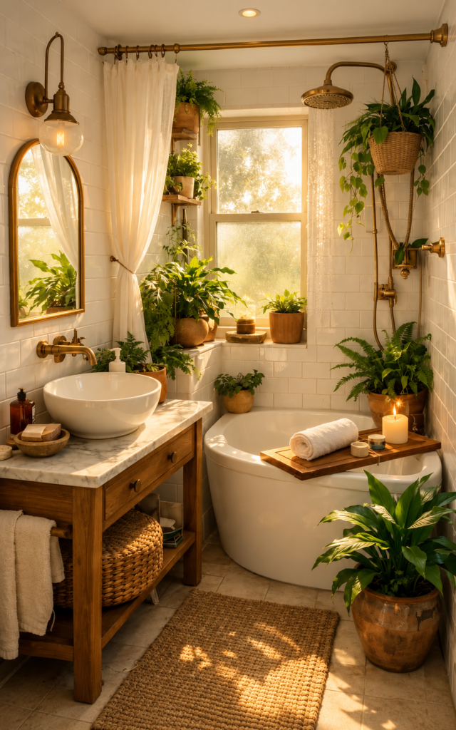 Baño pequeño con azulejos blancos, bañera exenta, grifería de latón, mueble de madera y abundantes plantas.