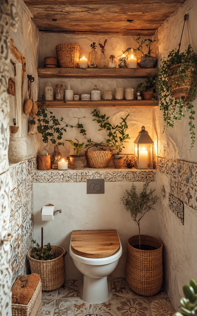 Baño pequeño rústico con inodoro de asiento de madera, azulejos decorativos, plantas, repisas y velas