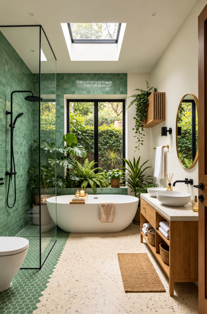 Baño verde con ducha acristalada, bañera exenta, tragaluz, mueble de madera y abundantes plantas tropicales