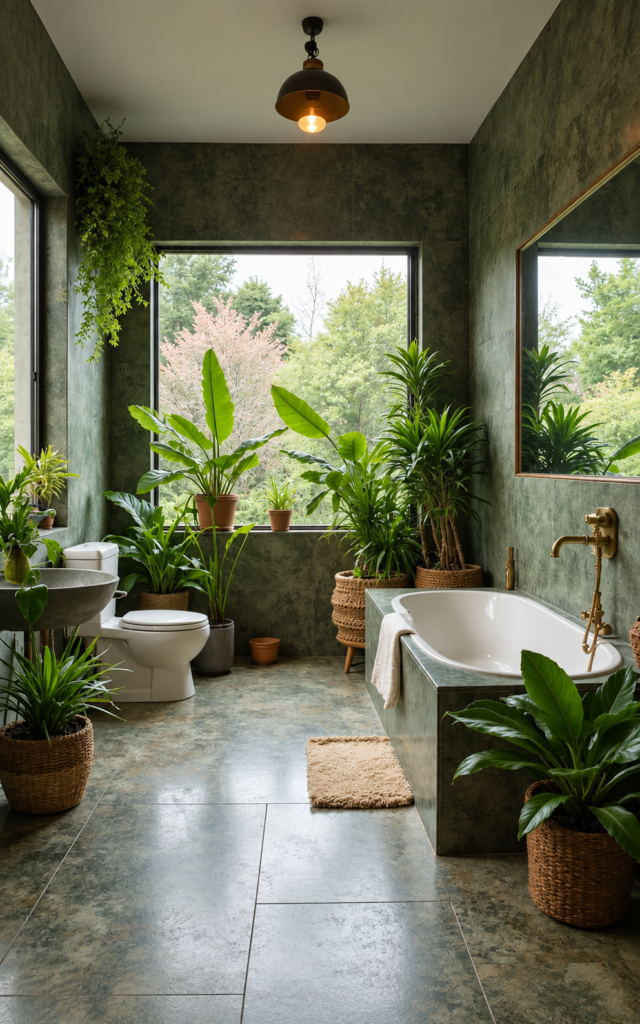 Baño verde con bañera blanca, grandes ventanales, grifería de latón y abundantes plantas tropicales.
