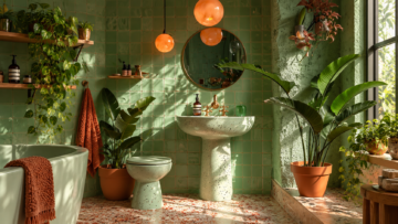 Las mejores plantas para el baño según la cantidad de luz que recibe Baño verde con azulejos cuadrados, lavabo de terrazo, lámparas naranjas, grifería dorada y plantas tropicales