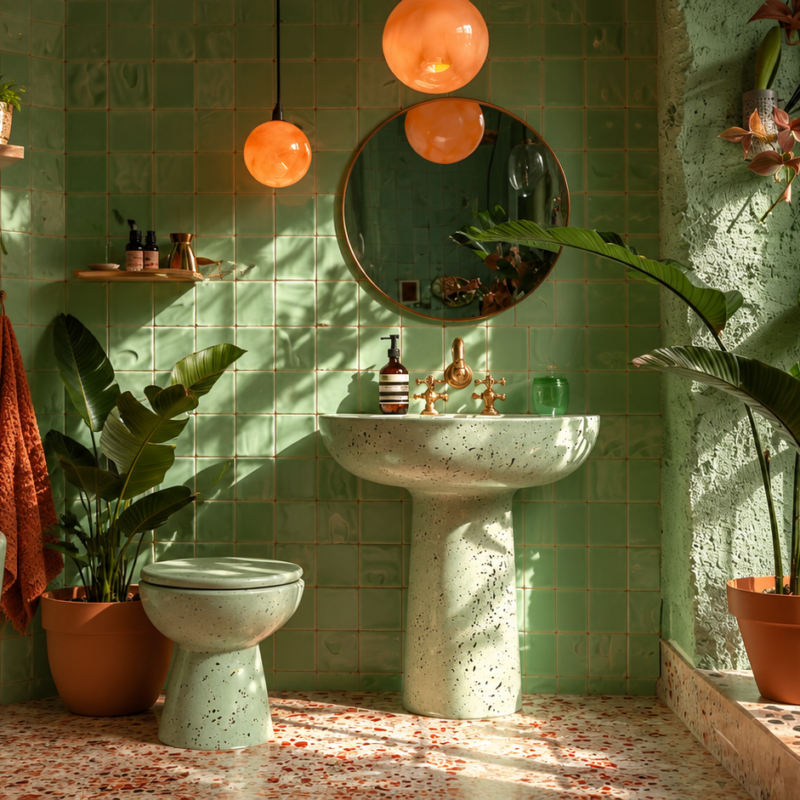Baño verde con azulejos cuadrados, lavabo de terrazo, lámparas naranjas, grifería dorada y plantas tropicales