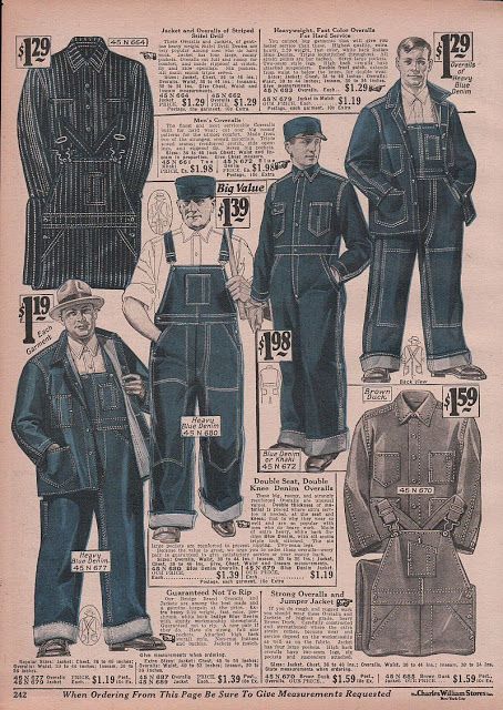 Página de catálogo de 1928 con overoles, chaquetas y ropa de trabajo de mezclilla para hombres.