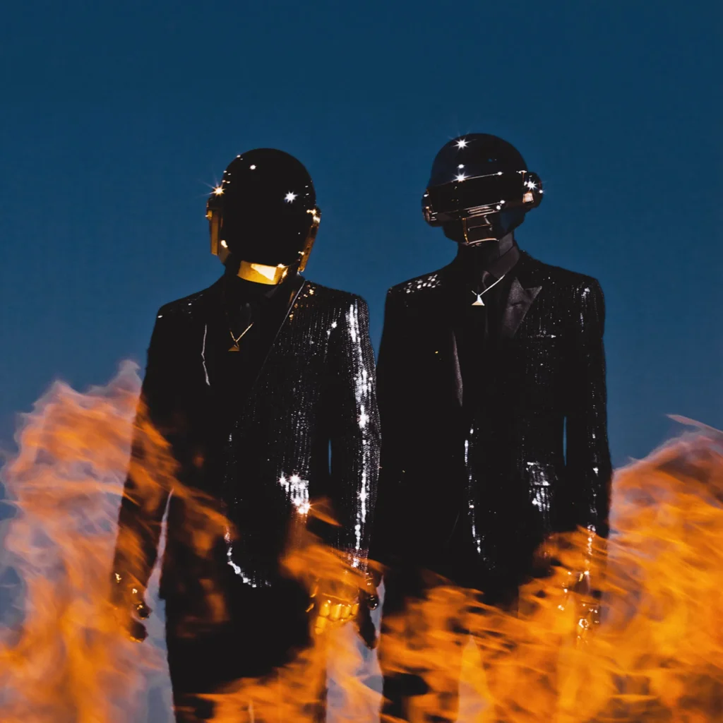 Daft Punk con sus cascos dorado y plateado y trajes de lentejuelas frente a llamas durante una sesión de 2013.