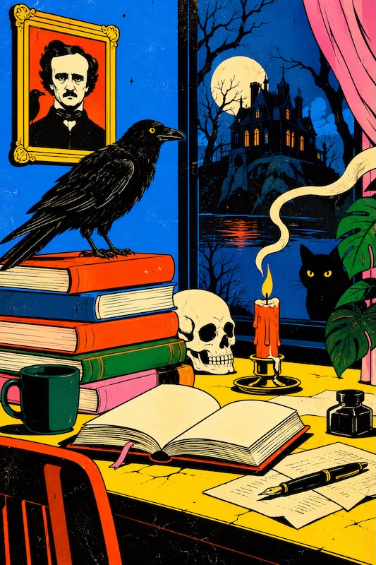Ilustración inspirada en Edgar Allan Poe con un cuervo, libros, calavera, gato negro y una mansión gótica bajo la luna llena.