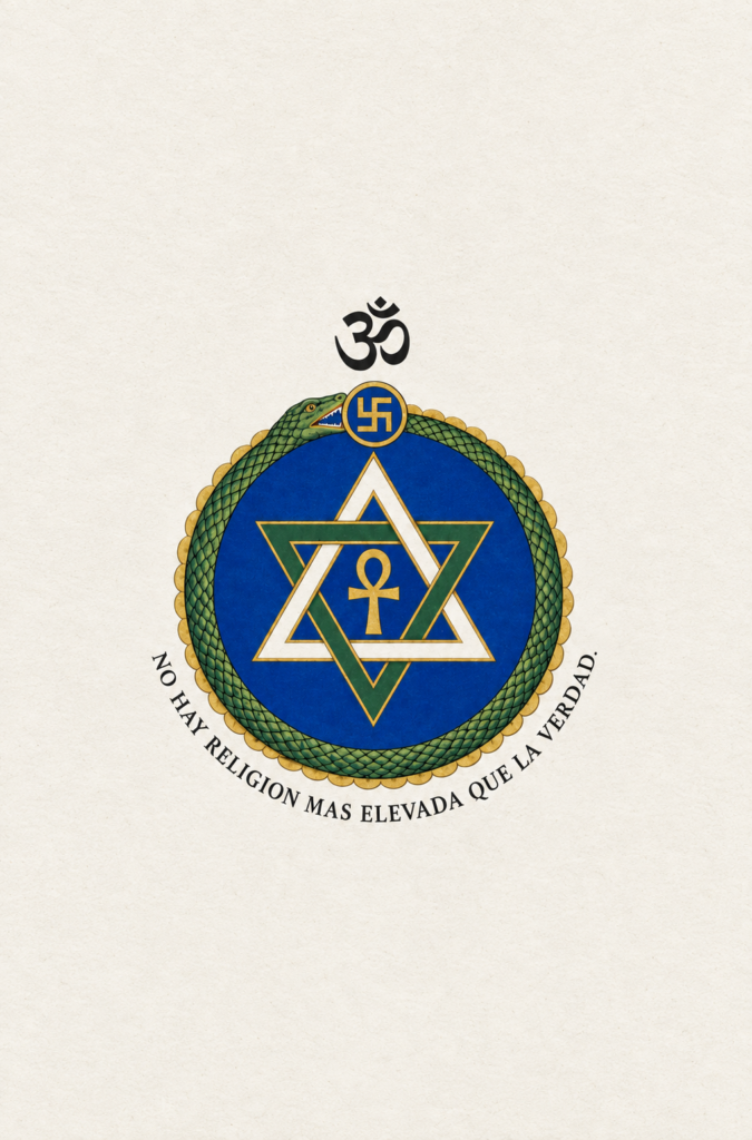 Emblema de la Sociedad Teosófica con Om, ouroboros, triángulos entrelazados, ankh y el lema “No hay religión más elevada que la verdad”.