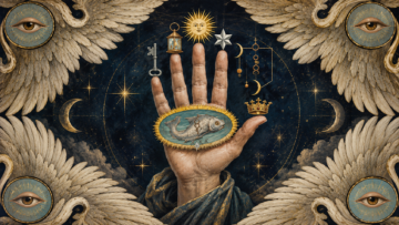 Antes del New Age estaba la teosofía: el movimiento que cambió el esoterismo moderno The Hand of the Mysteries de J. Augustus Knapp, mano alquímica con pez, Sol, Luna, llave, estrella y corona.