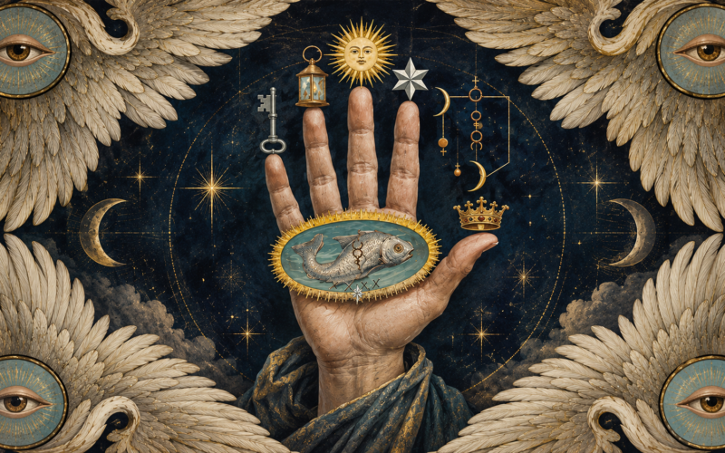 The Hand of the Mysteries de J. Augustus Knapp, mano alquímica con pez, Sol, Luna, llave, estrella y corona.