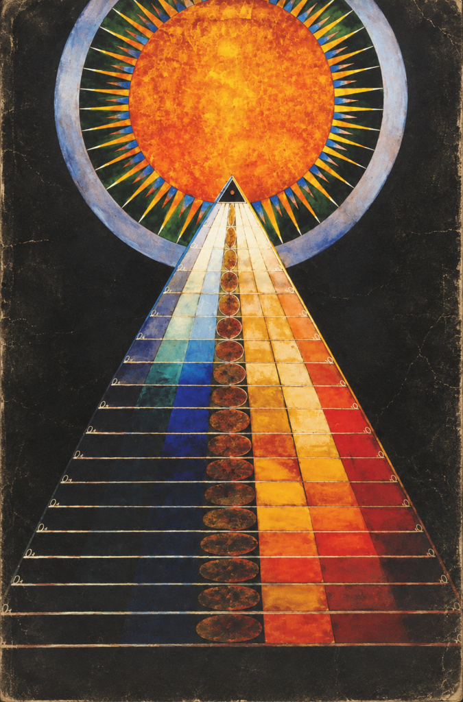 Altarpiece No. 1 de Hilma af Klint, con un gran disco dorado y una pirámide de colores ascendiendo hacia la luz.