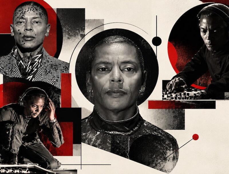 Collage editorial de Jeff Mills con retratos en blanco y negro y rojo, incluyendo escenas como DJ frente a una mezcladora.