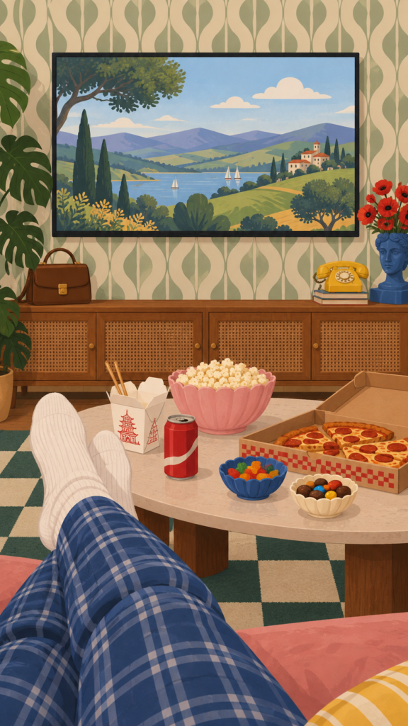 Persona descansa en casa con pizza, palomitas y dulces frente al televisor, una escena que representa el JOMO y el placer de quedarse.