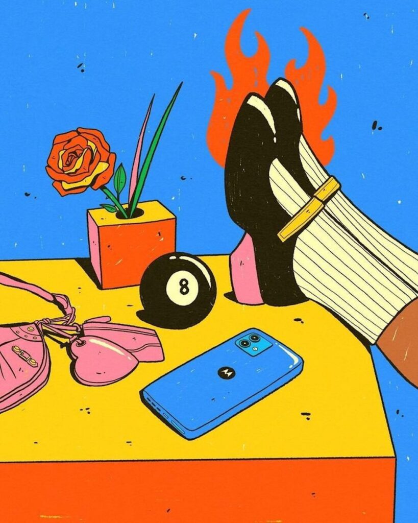Ilustración pop con un teléfono azul, zapatos en llamas, una bola 8 y una rosa sobre una mesa de colores intensos.