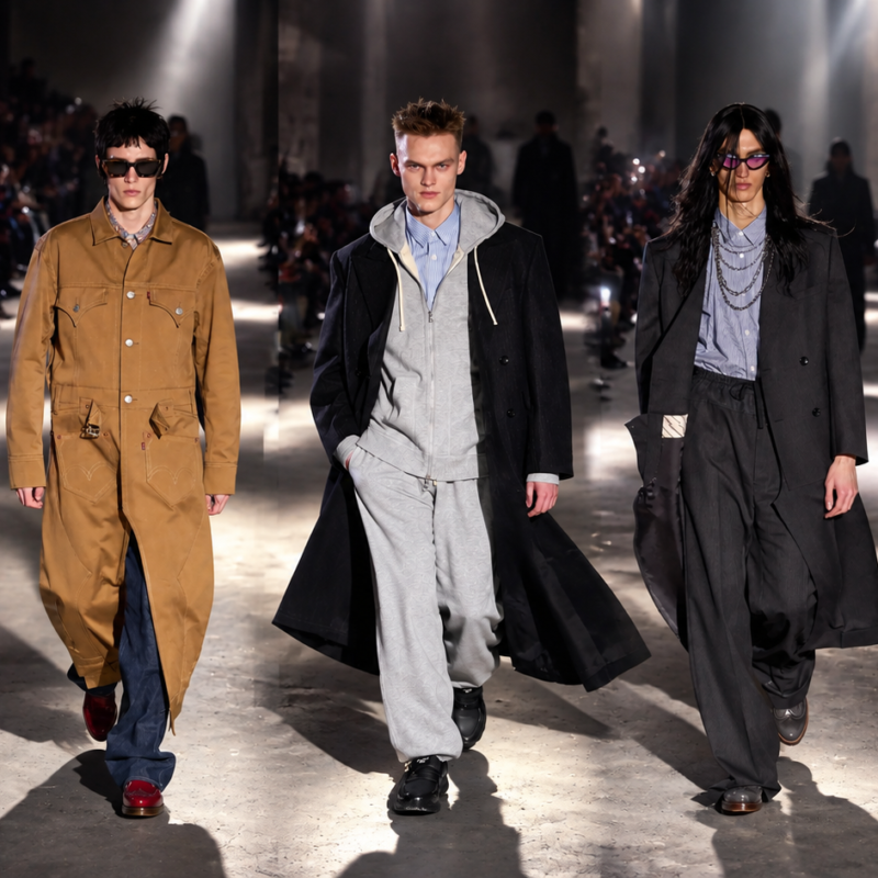 Looks de Junya Watanabe MAN Otoño 2024 mezclan ropa de trabajo, denim y sastrería contemporánea en pasarela.