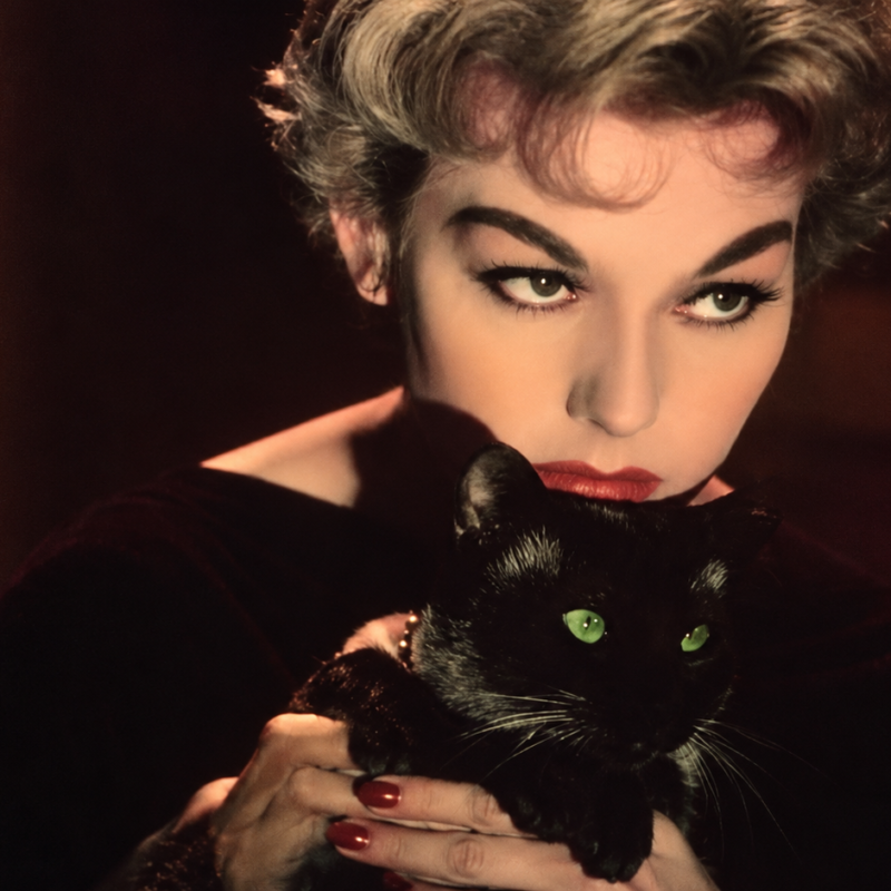 Kim Novak sostiene al gato Pyewacket en Bell, Book and Candle, entre sombras y tonos oscuros que evocan brujería y sensualidad.
