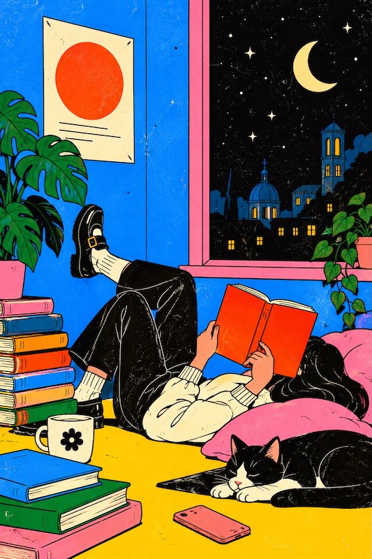 Joven recostada leyendo un libro rojo junto a un gato dormido y varias pilas de libros frente a una ventana nocturna.