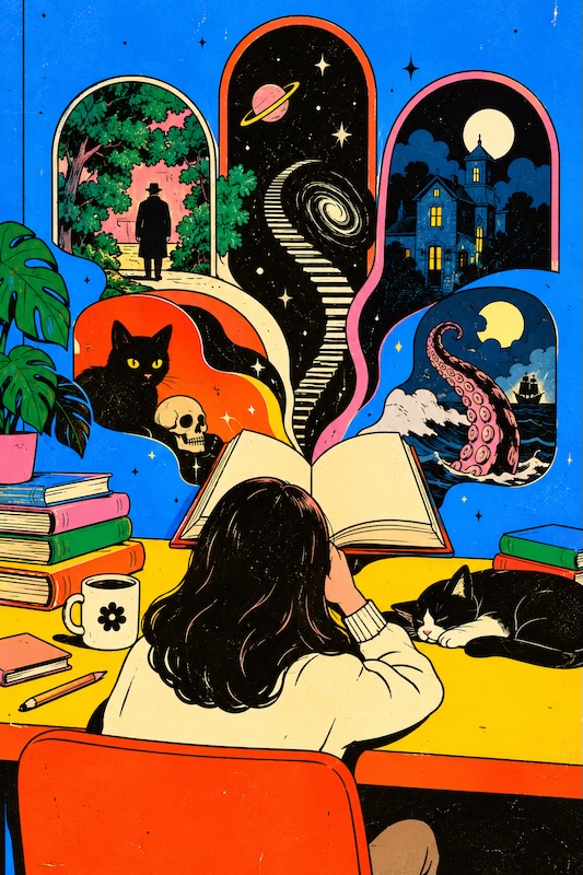 Persona leyendo un libro del que surgen mundos fantásticos con un bosque, una mansión, el espacio, un gato negro y un monstruo marino.