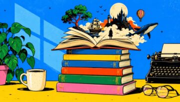 100 cuentos cortos de la literatura universal para leer gratis Libro abierto sobre una pila de libros del que emergen un castillo, una ballena, un velero, un árbol y un globo aerostático.