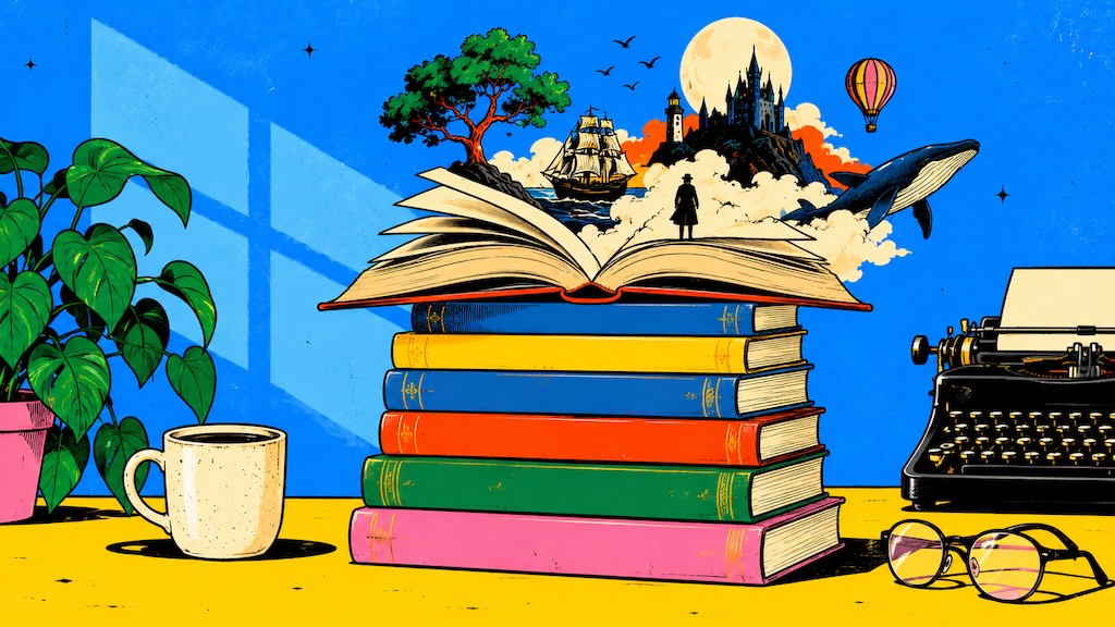 Libro abierto sobre una pila de libros del que emergen un castillo, una ballena, un velero, un árbol y un globo aerostático.