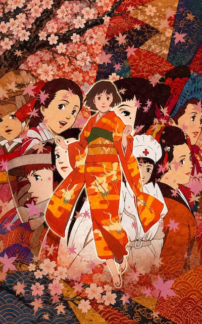 Collage de Millennium Actress muestra a Chiyoko Fujiwara en distintos personajes y etapas de su carrera cinematográfica.