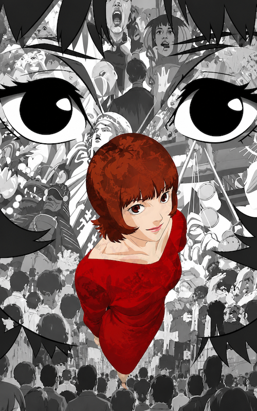 Paprika aparece vestida de rojo entre un collage de sueños, multitudes y grandes ojos inspirado en la película de Satoshi Kon.