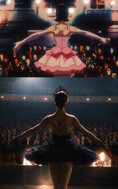 Comparación de escenas de Perfect Blue y Black Swan con sus protagonistas de espaldas frente al público sobre un escenario.
