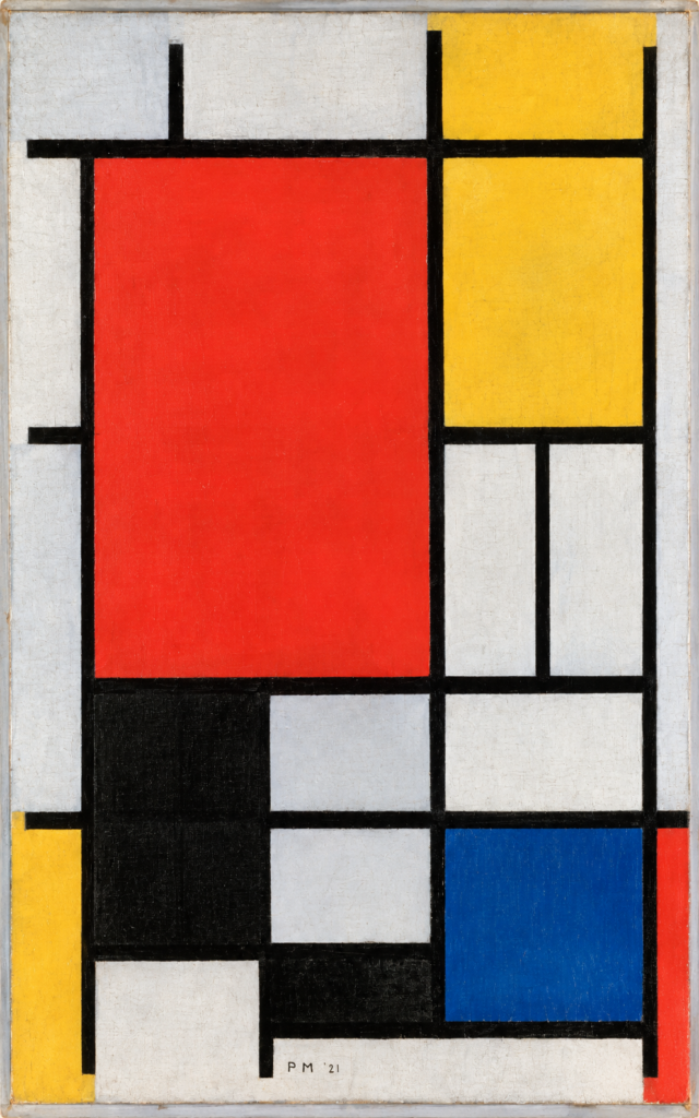Composition with Red, Blue, Black, Yellow, and Gray de Piet Mondrian, obra abstracta de 1921 con líneas negras y colores primarios.
